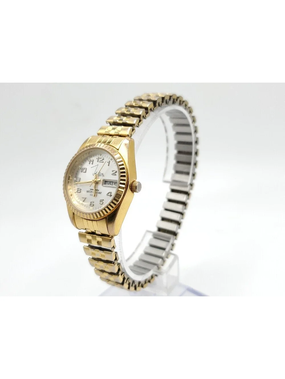 John Weitz Quartz Watch New Battery Gold Tone Silver Day/Date 24mm